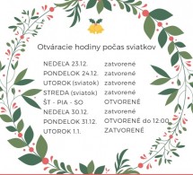 OTVÁRACIE HODINY POČAS SVIATKOV