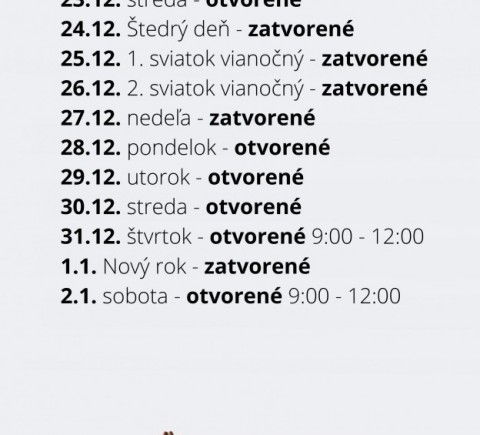 Otváracie hodiny počas sviatkov